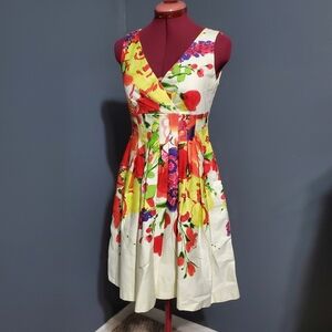 New Directions Fit & Flare Red Yellow Floral Sleeveless V-Neck Midi Dress SZ 4P